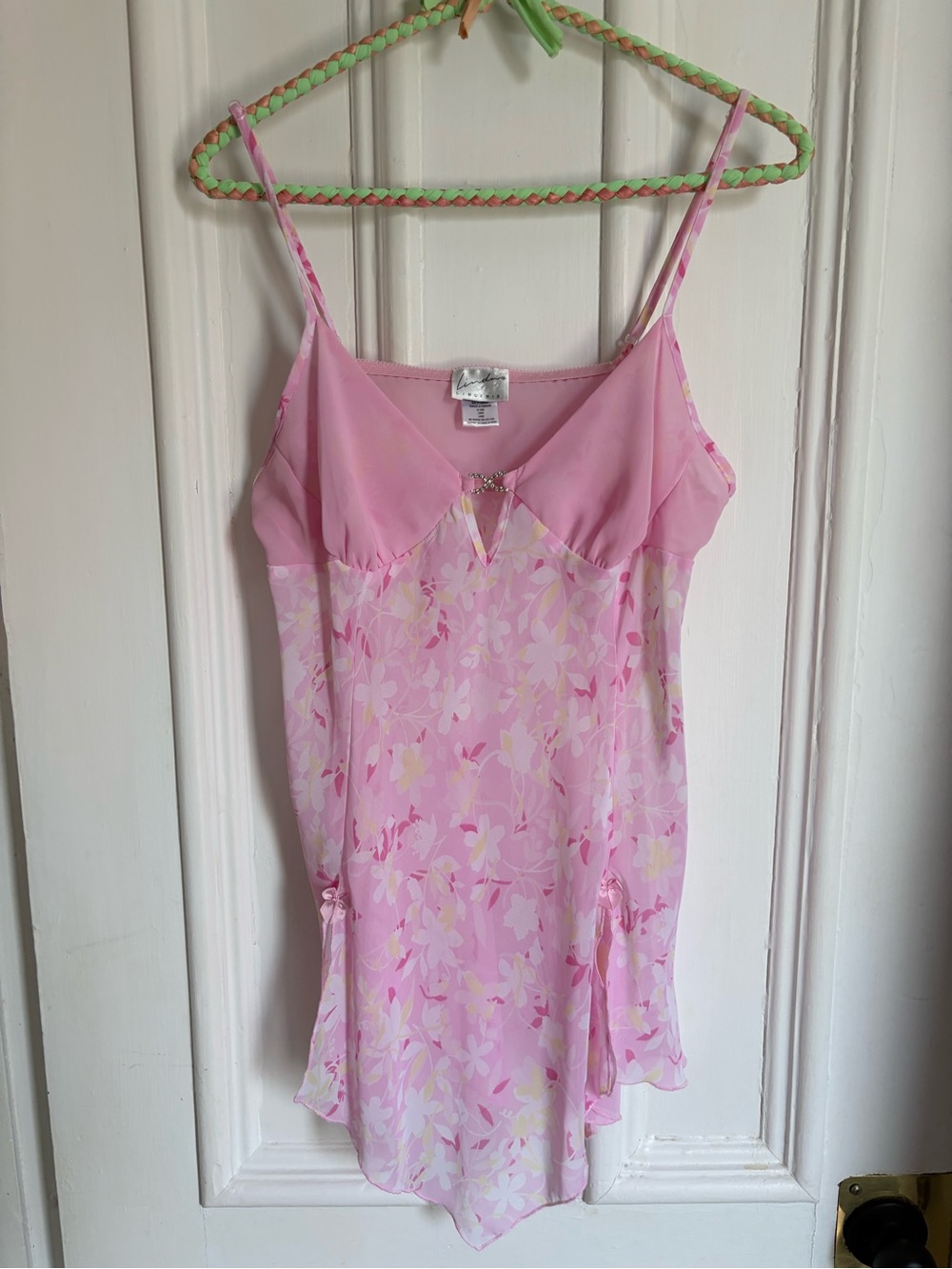 Vintage y2k Pink Floral Sheer Slip Dress with Rhinestone Detail